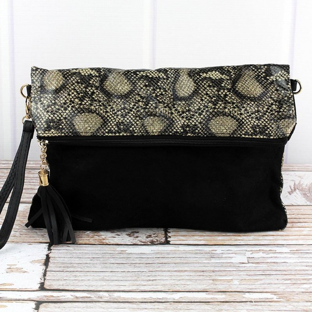PYTHON TASSEL CROSSBODY CLUTCH